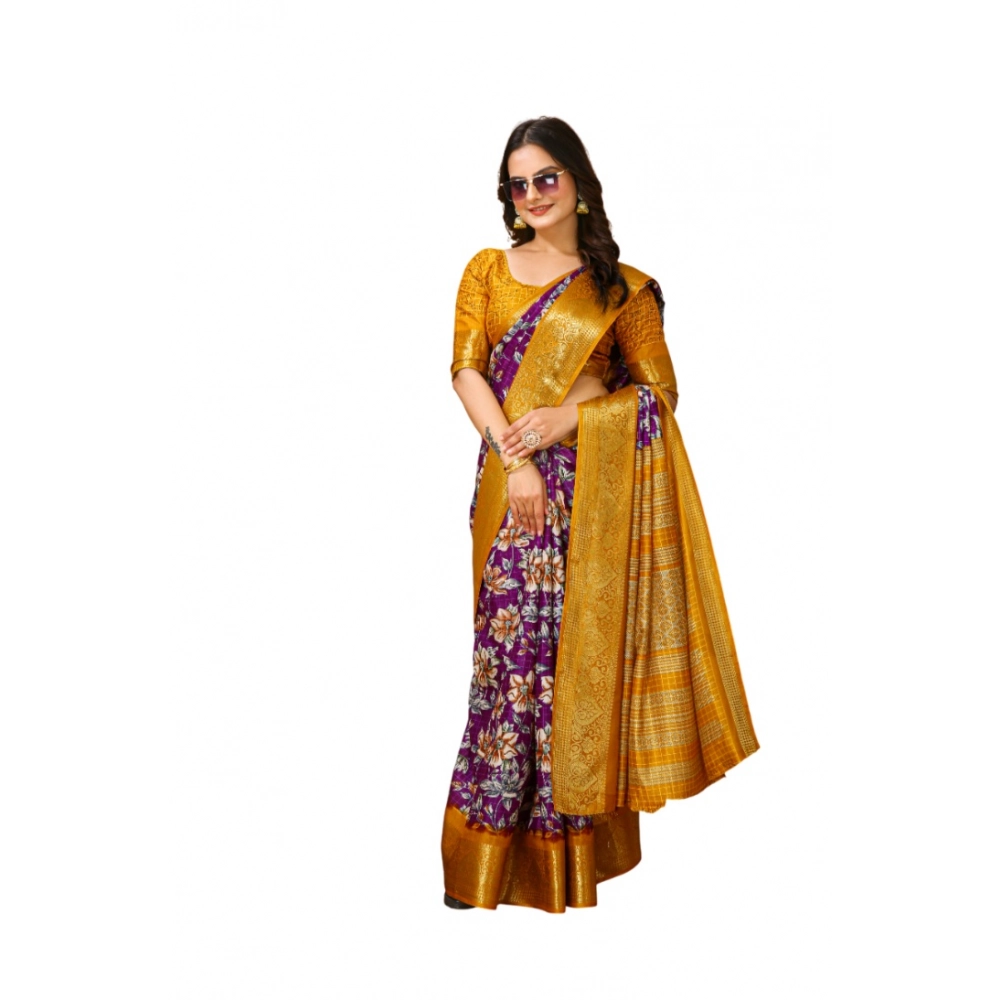 Generic Women’s Soft Dola Cotton Kalamkari Printed Saree With Unstitched Blouse 5.5Mtr (Purple)