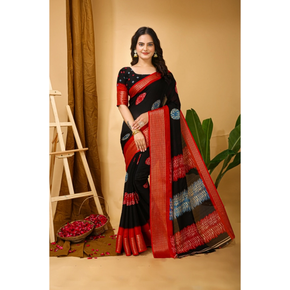 Generic Women’s Soft Blooming Marshmallow Fabric Kalamkari Printed Saree With Unstitched Blouse 5.5Mtr (Black)