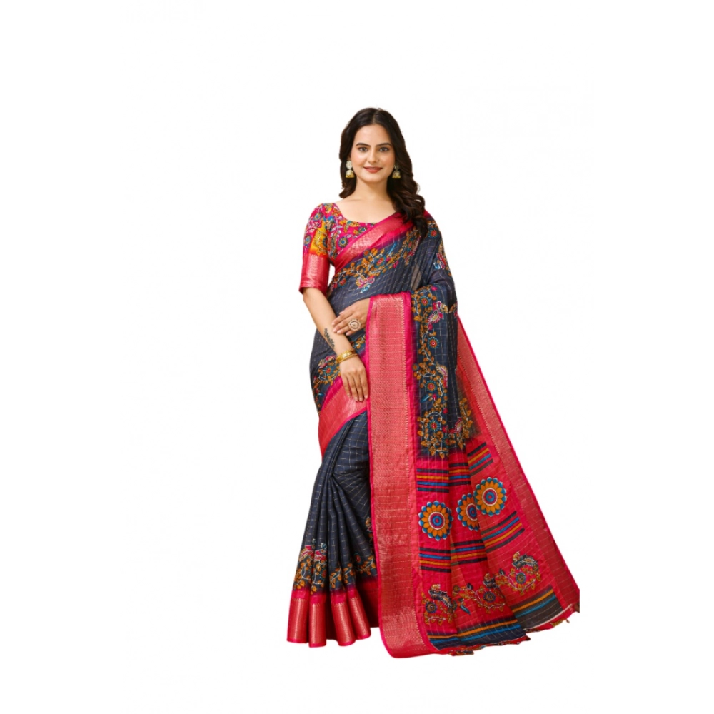 Generic Women’s Soft Dola Cotton Kalamkari Printed Saree With Unstitched Blouse 5.5Mtr (Grey)
