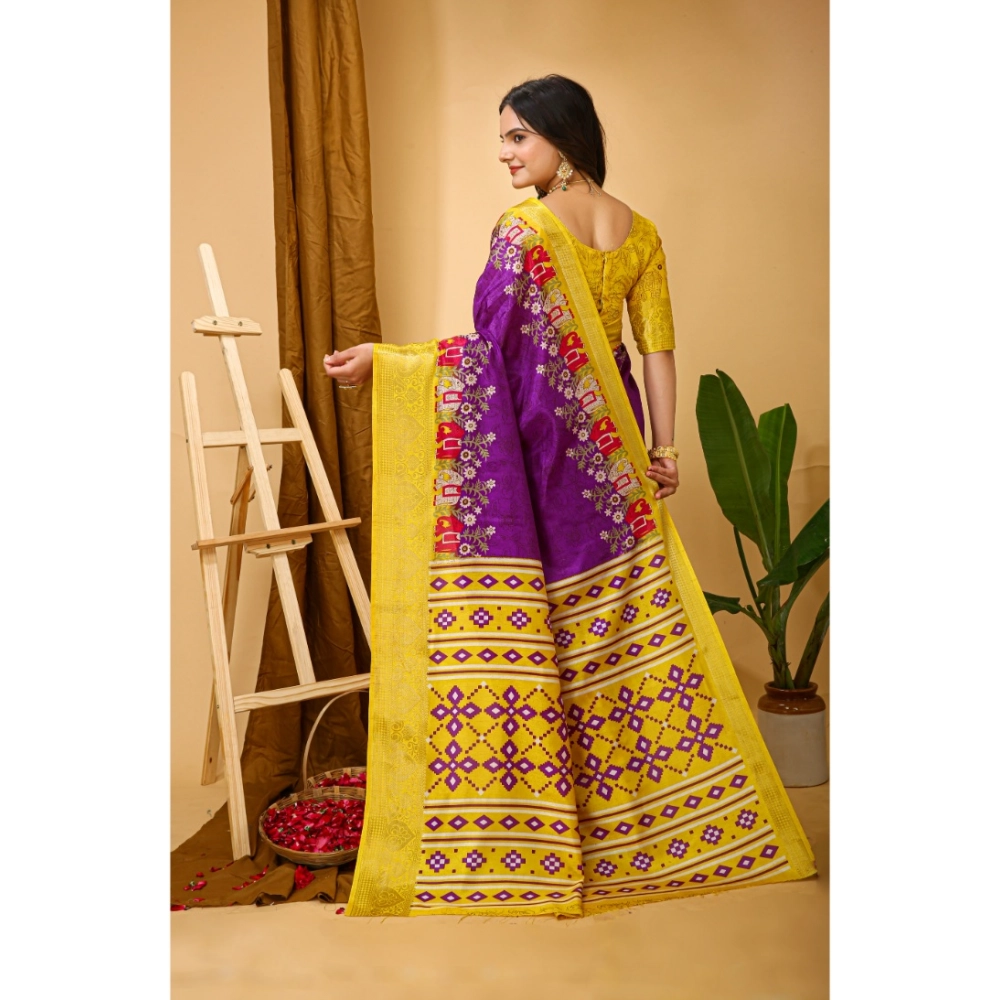 Generic Women's Soft Dola Cotton Kalamkari Printed Saree With Unstitched Blouse 5.5Mtr (Purple) - Image 3