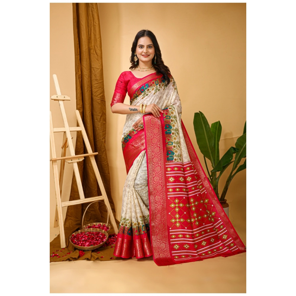 Generic Women’s Soft Dola Cotton Kalamkari Printed Saree With Unstitched Blouse 5.5Mtr (White)