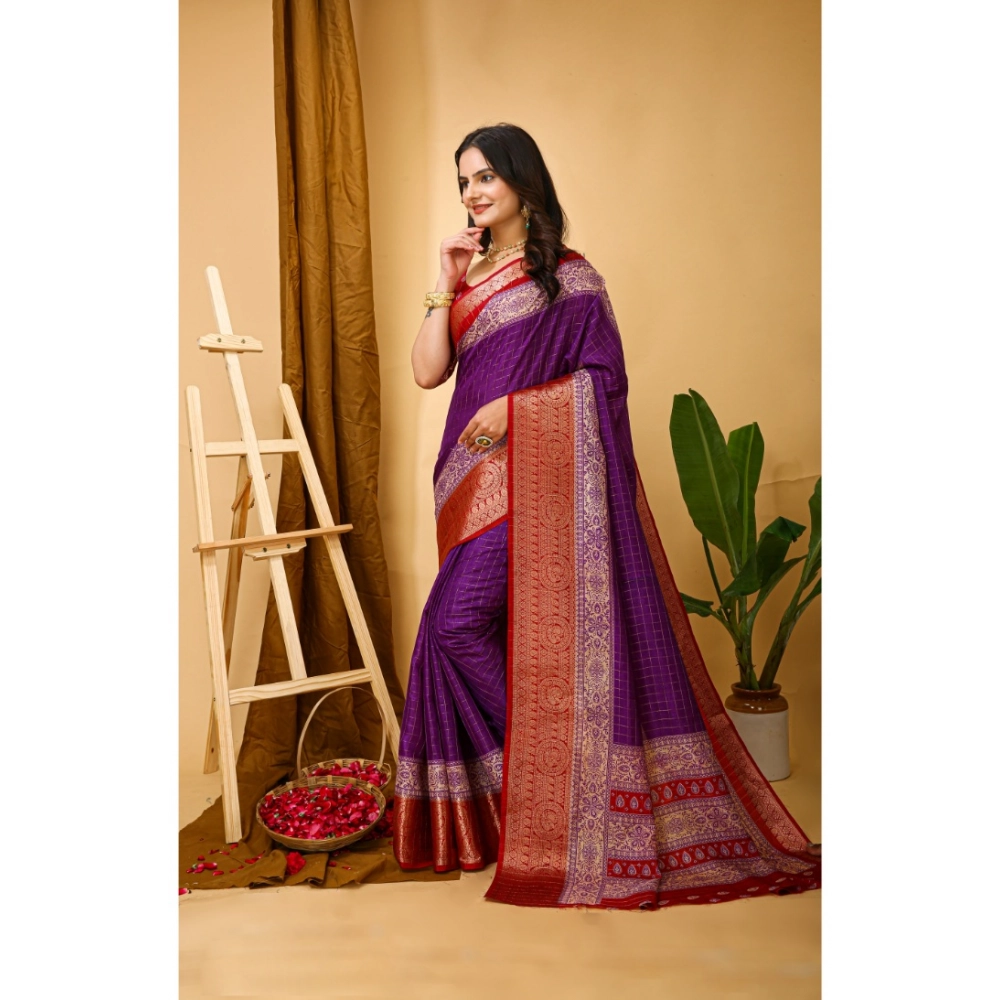 Generic Women's Soft Dola Cotton Kalamkari Printed Saree With Unstitched Blouse 5.5Mtr (Purple) - Image 4