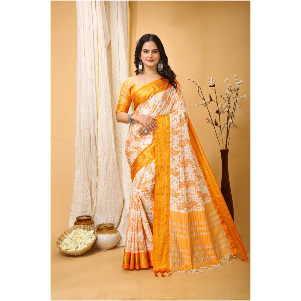 Generic Women’s Soft Cotton Silk Printed Saree With Unstitched Blouse 5.5Mtr (Yellow)