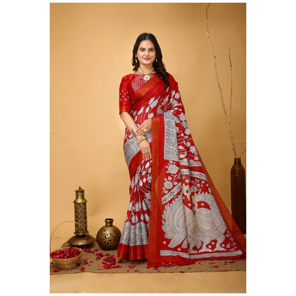 Generic Women’s Soft Handloom Cotton Kalamkari Printed Saree With Unstitched Blouse 5.5Mtr (Red)
