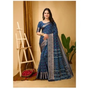 Generic Women's Soft Dola Cotton Kalamkari Printed Saree With Unstitched Blouse 5.5Mtr (Blue)