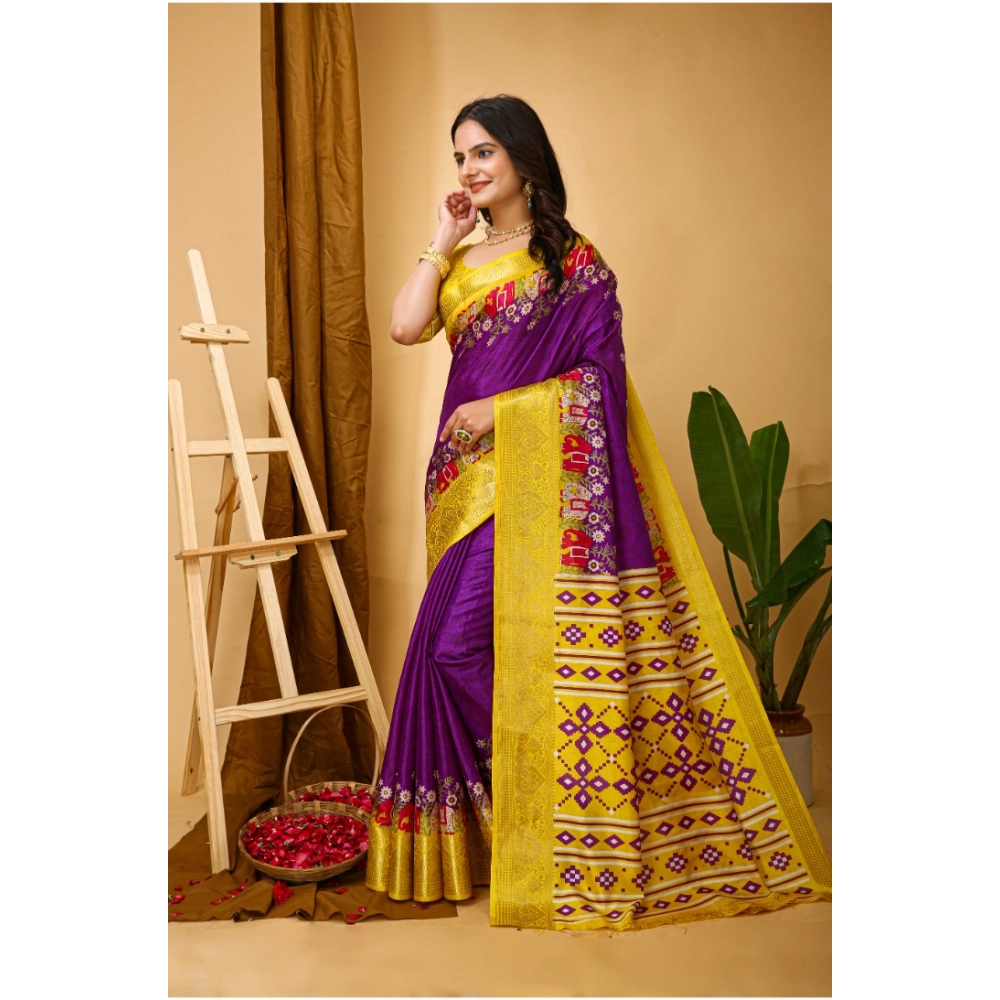 Generic Women's Soft Dola Cotton Kalamkari Printed Saree With Unstitched Blouse 5.5Mtr (Purple) - Image 4
