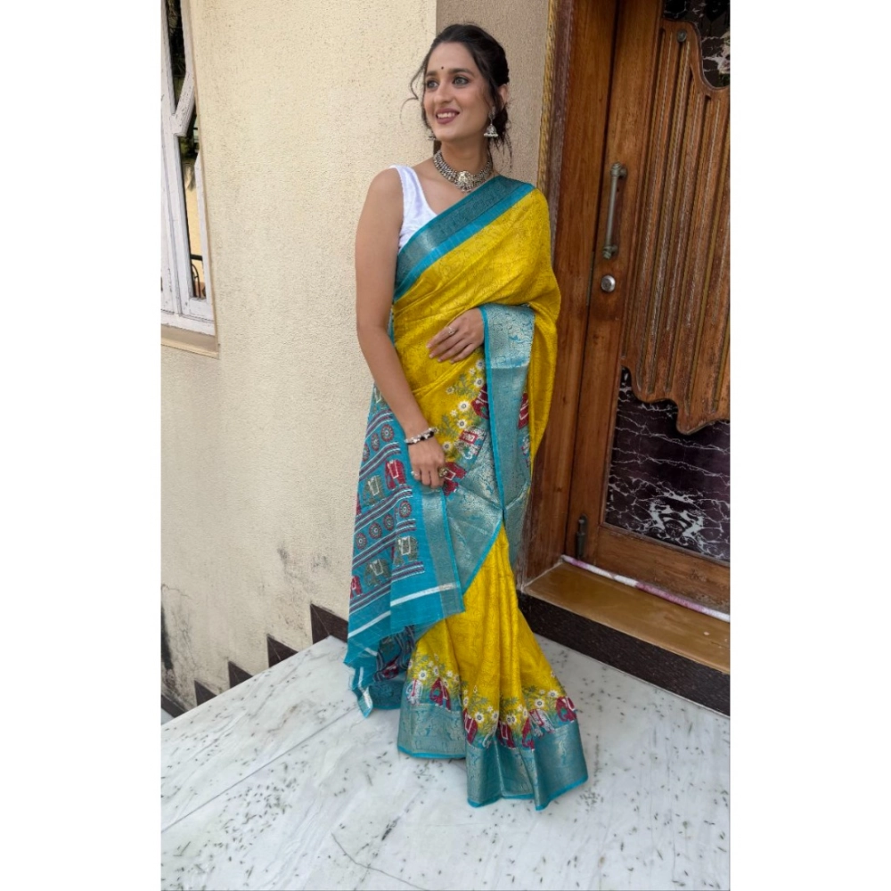 Generic Women’s Soft Dola Cotton Kalamkari Printed Saree With Unstitched Blouse 5.5Mtr (Mustard)