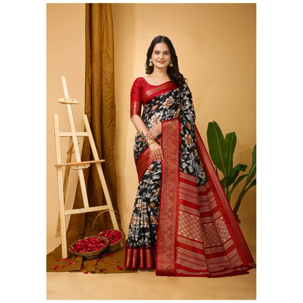 Generic Women’s Soft Dola Cotton Kalamkari Printed Saree With Unstitched Blouse 5.5Mtr (Black)