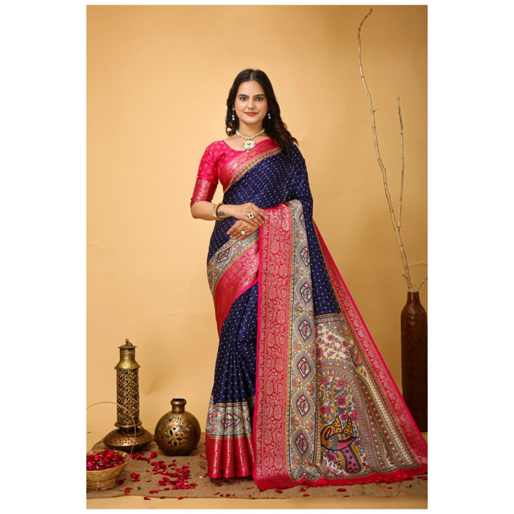 Generic Women’s Soft Dola Cotton Kalamkari Printed Saree With Unstitched Blouse 5.5Mtr (Navy Blue)