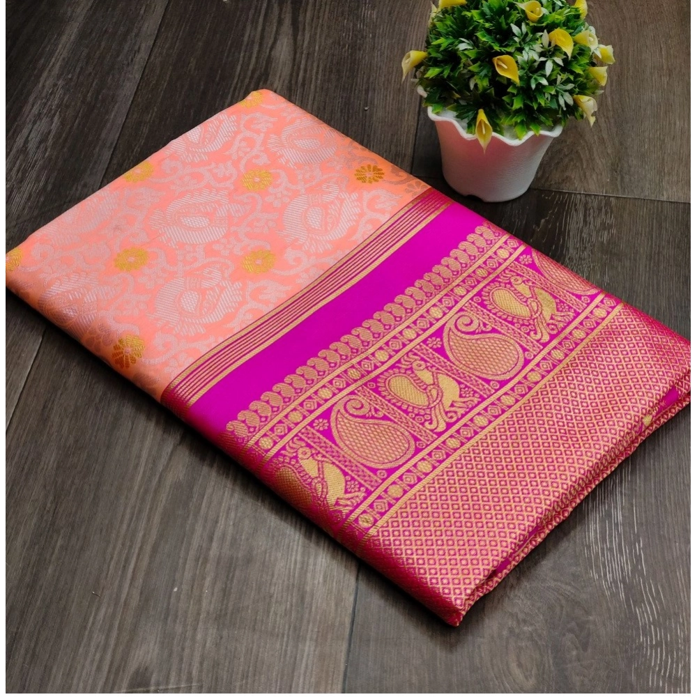 Generic Women’s Soft Lichi Silk Printed Saree With Unstitched Blouse 5.5Mtr (Pink)