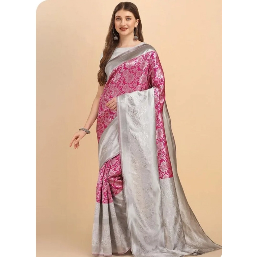 Generic Women’s Soft Lichi Silk Printed Saree With Unstitched Blouse 5.5Mtr (Pink)