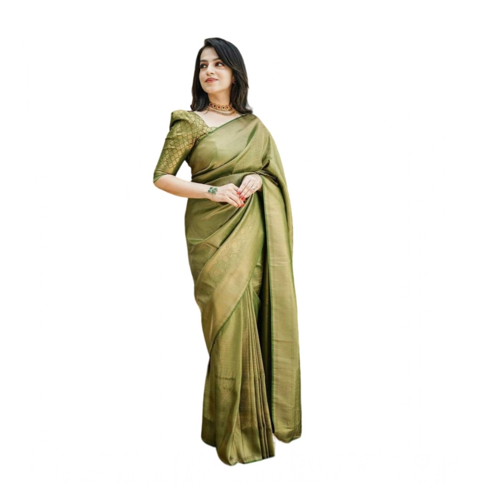 Generic Women’s Soft Lichi Silk Printed Saree With Unstitched Blouse 5.5Mtr (Green)