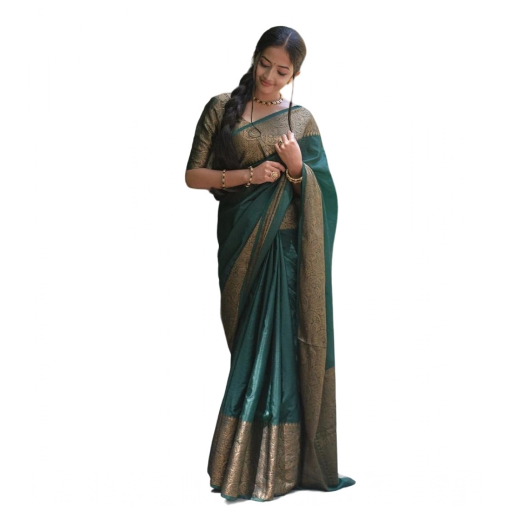 Generic Women’s Soft Lichi Silk Solid Saree With Unstitched Blouse 5.5Mtr (Green)