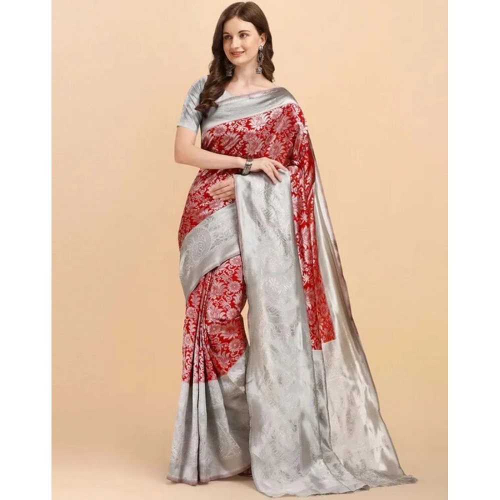 Generic Women’s Soft Lichi Silk Printed Saree With Unstitched Blouse 5.5Mtr (Red)