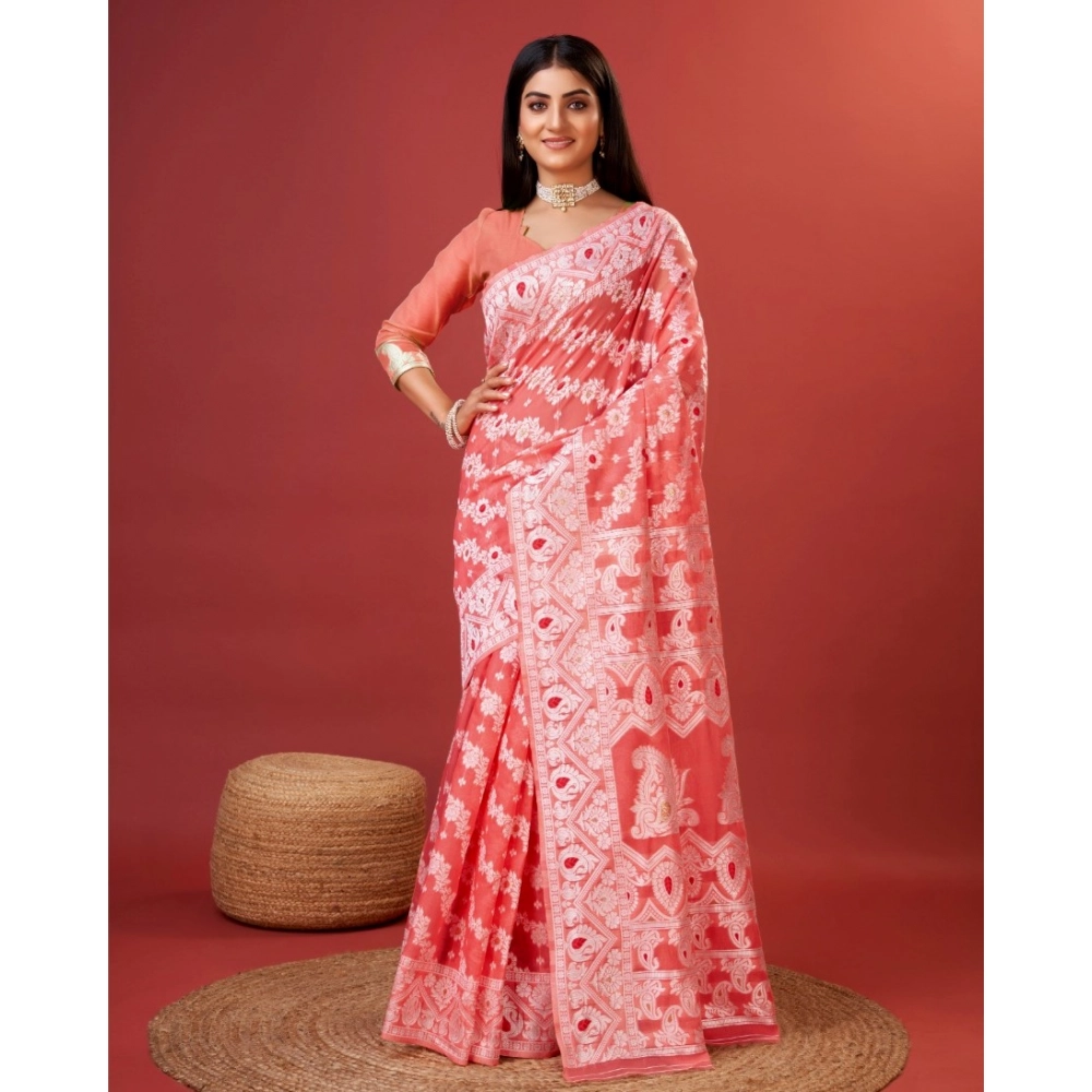 Generic Women’s Cotton Silk Printed Saree With Unstitched Blouse 5.5Mtr (Peach)