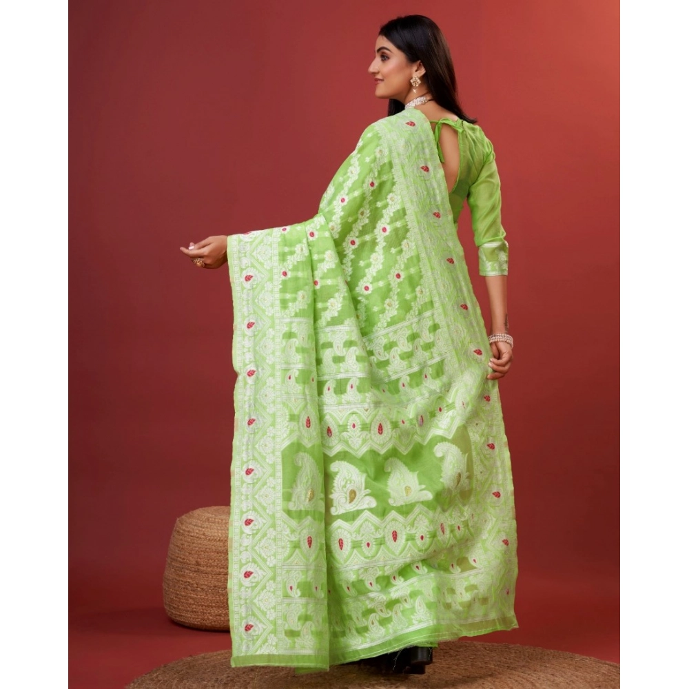 Generic Women's Cotton Silk Printed Saree With Unstitched Blouse 5.5Mtr (Light Green) - Image 4