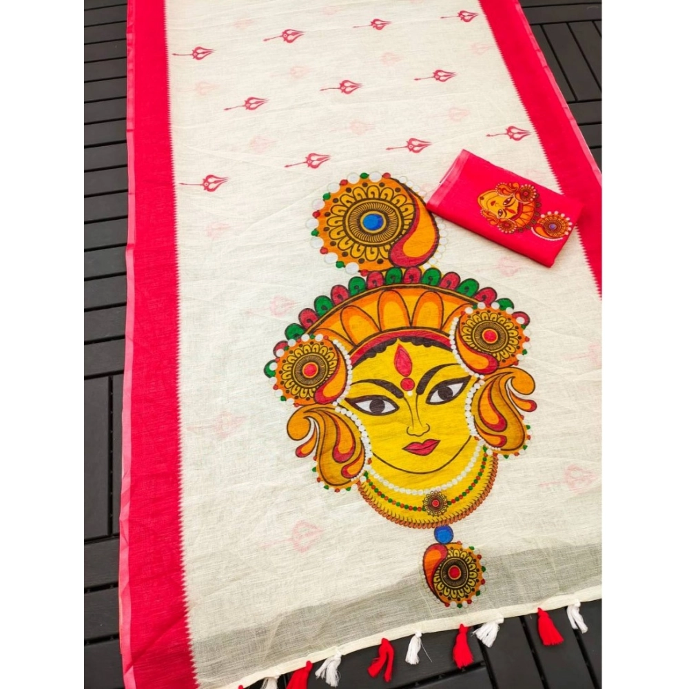 Generic Women’s linen Digital Print Saree With Unstitched Blouse 5.5Mtr (White)