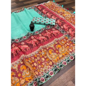 Generic Women's linen Digital Print Saree With Unstitched Blouse 5.5Mtr (Turquoise)