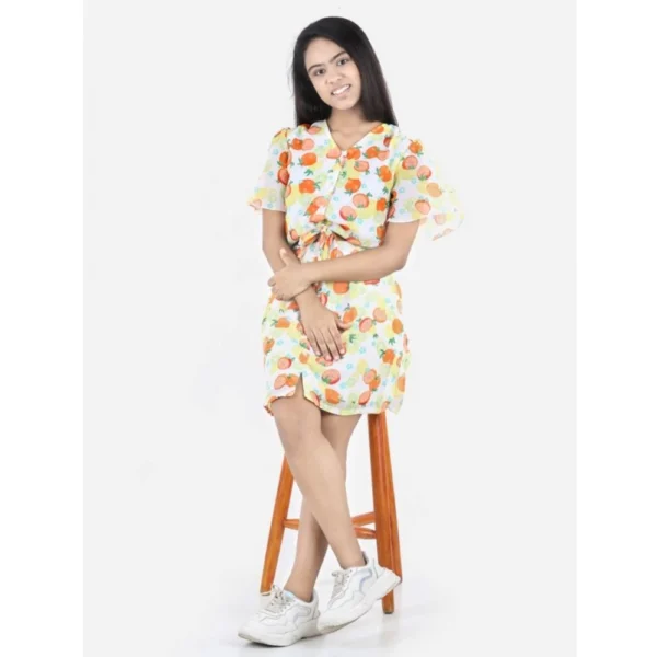 Generic Girl's Polyester Printed Short Sleeve V-Neck Dress (Yellow-Orange) - Image 3