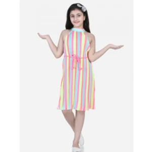 Generic Girl's Polyester Crepe Striped Sleeveless Round Neck Dress (Multicolor)