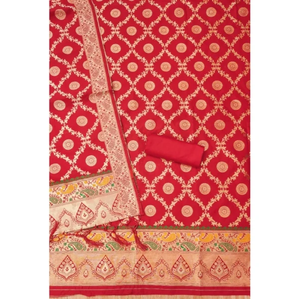 Generic Women's Banarasi Silk Printed Unstitched Salwar Suit Material With Dupatta (Red, 3Mtrs) - Image 3