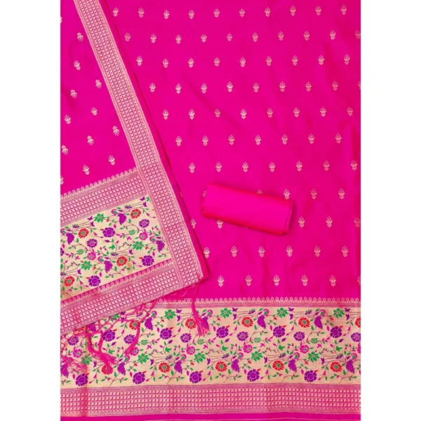 Generic Women's Banarasi Silk Printed Unstitched Salwar Suit Material With Dupatta (Pink, 3Mtrs) - Image 3
