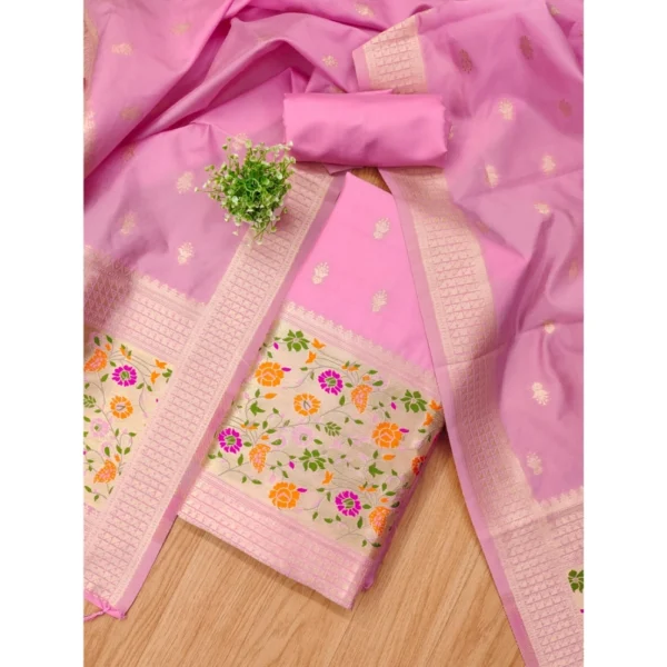 Generic Women's Banarasi Silk Printed Unstitched Salwar Suit Material With Dupatta (Light Pink, 3Mtrs) - Image 4