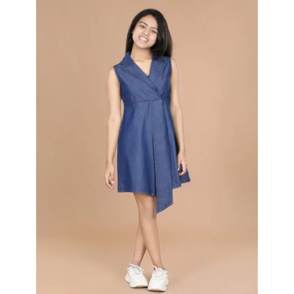 Generic Girl's Denim Solid Sleeveless Shirt collar Dress (Blue) - Image 4