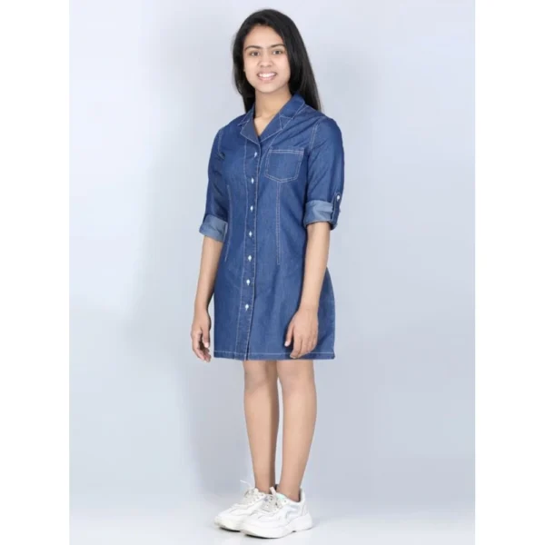 Generic Girl's Denim Solid Long Sleeve Shirt collar Dress (Blue) - Image 3