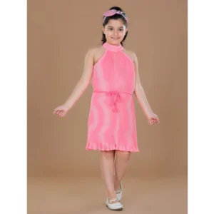 Generic Girl's Polyester Crepe Printed Sleeveless Round Neck Dress (Pink)
