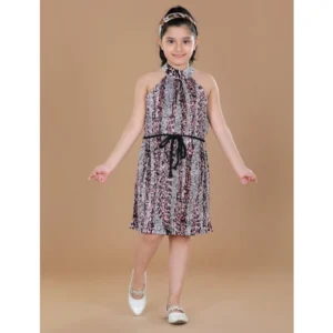 Generic Girl's Polyester Crepe Printed Sleeveless Round Neck Dress (Black-Pink)