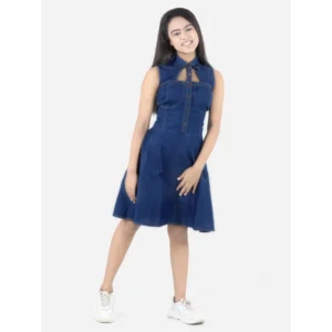 Generic Girl's Denim Solid Sleeveless Shirt collar Dress (Blue)