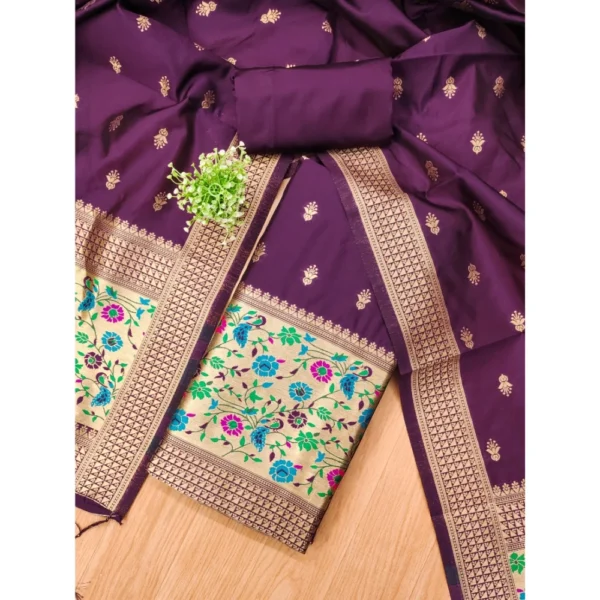Generic Women's Banarasi Silk Printed Unstitched Salwar Suit Material With Dupatta (Wine, 3Mtrs) - Image 4