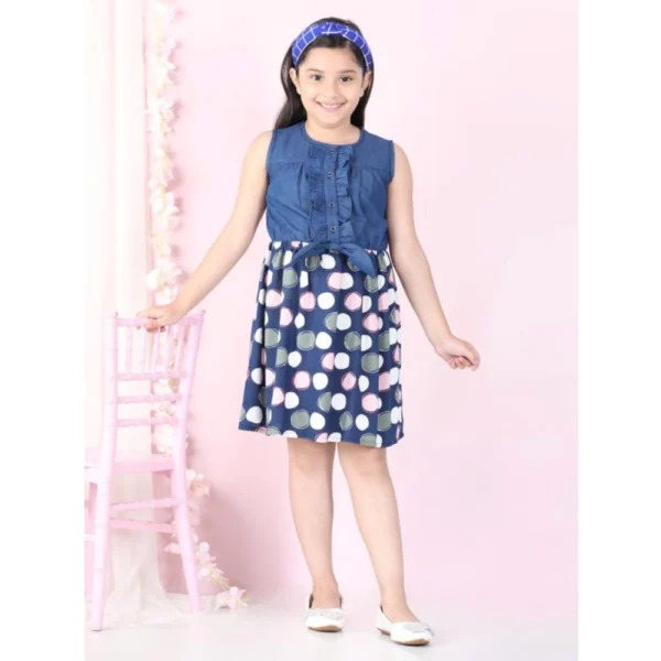 Generic Girl's Denim  Rayon Printed Sleeveless Round Neck Dress (Blue) - Image 4