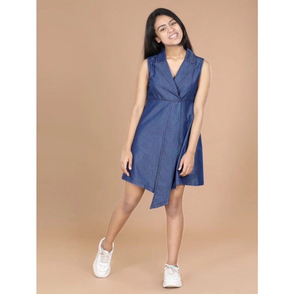 Generic Girl’s Denim Solid Sleeveless Shirt collar Dress (Blue)