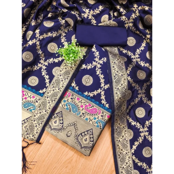 Generic Women's Banarasi Silk Printed Unstitched Salwar Suit Material With Dupatta (Navy Blue, 3Mtrs) - Image 4