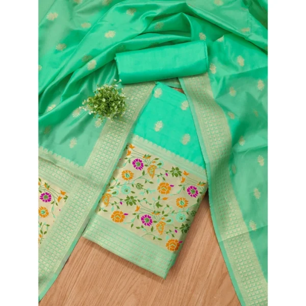 Generic Women's Banarasi Silk Printed Unstitched Salwar Suit Material With Dupatta (Sea Green, 3Mtrs) - Image 4