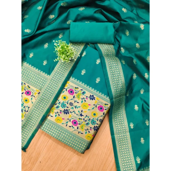 Generic Women's Banarasi Silk Printed Unstitched Salwar Suit Material With Dupatta (Rama, 3Mtrs) - Image 4