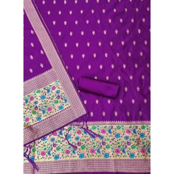 Generic Women's Banarasi Silk Printed Unstitched Salwar Suit Material With Dupatta (Purple, 3Mtrs) - Image 3