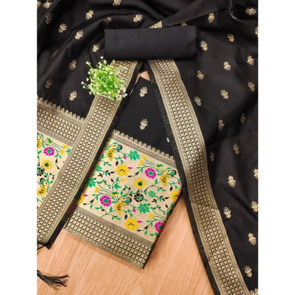 Generic Women's Banarasi Silk Printed Unstitched Salwar Suit Material With Dupatta (Black, 3Mtrs) - Image 4