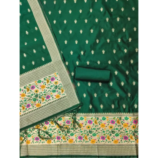 Generic Women's Banarasi Silk Printed Unstitched Salwar Suit Material With Dupatta (Bottle Green, 3Mtrs) - Image 3