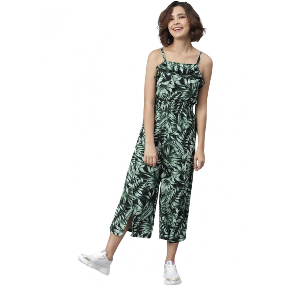Generic Women’s Polyester Printed Shoulder Straps Jumpsuit (Black – Green)