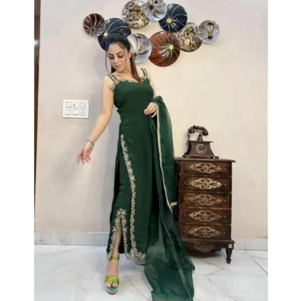 Generic Women's Georgette Embroidery Sleeveless Round Neck Kurti, Palazzo And Dupatta Set (Green) - Image 3