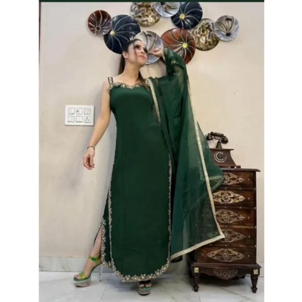 Generic Women's Georgette Embroidery Sleeveless Round Neck Kurti, Palazzo And Dupatta Set (Green)