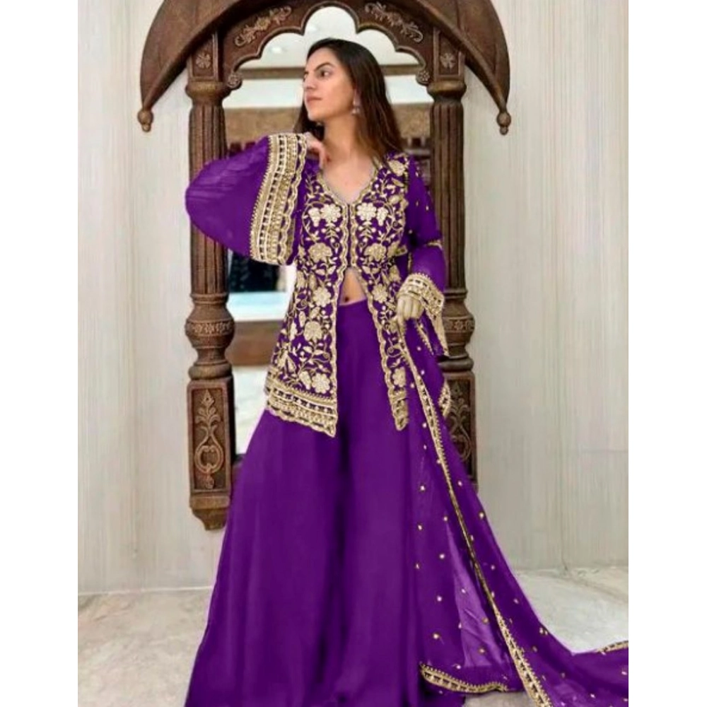 Generic Women’s Georgette Embroidery 3-4th Sleeve V-Neck Kurti, Palazzo And Dupatta Set (Purple)