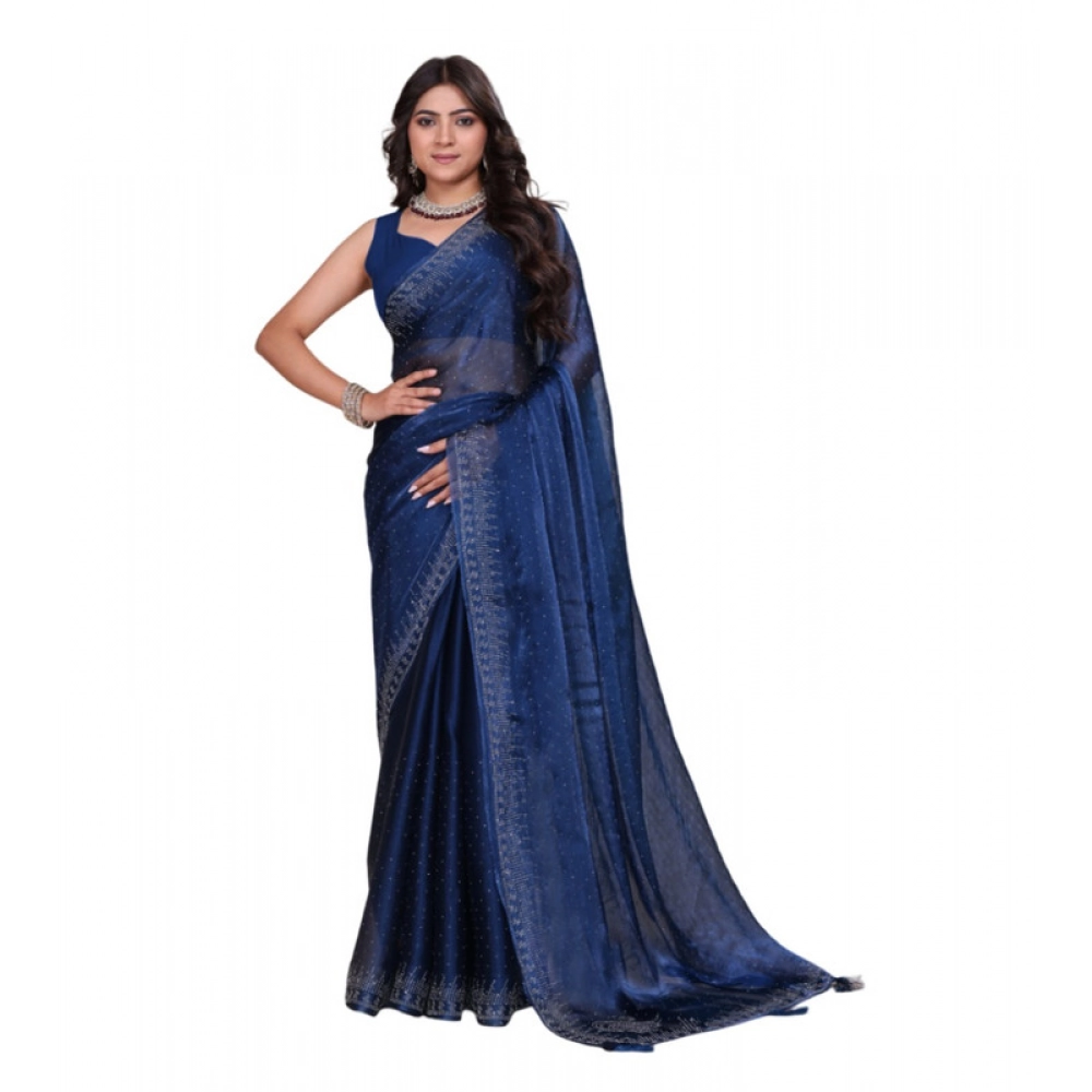 Generic Women’s Jimmy choo Embellished Bollywood Saree With Unstitched Blouse 5.5Mtr (Blue)