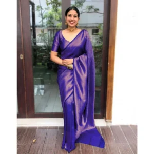 Generic Women's Litchi silk Printed Saree With Unstitched Blouse (Purple)