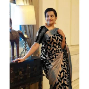 Generic Women's Litchi silk Printed Saree With Unstitched Blouse (Black)