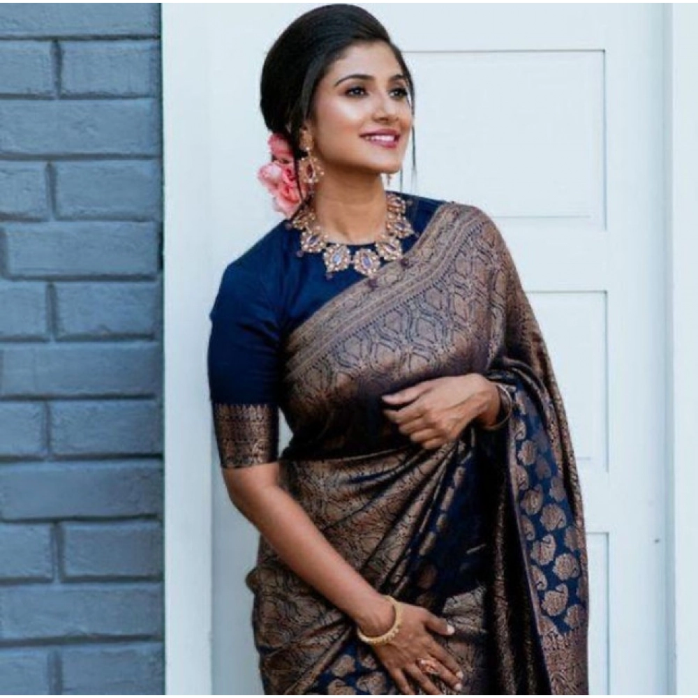Generic Women’s Litchi silk Printed Saree With Unstitched Blouse (Blue)