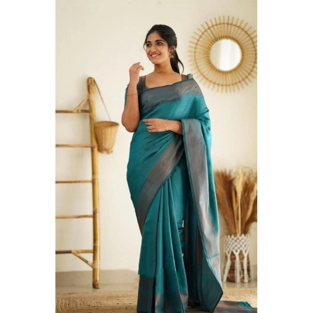 Generic Women’s Litchi silk Printed Saree With Unstitched Blouse (Rama Blue)